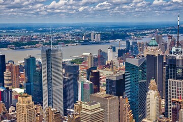 Midtown Manhattan and Garment District aerial view in New York City.