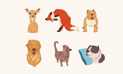 Set of funny animal characters. Isolated Cute animal print. Drawn fun poses. Hand-drawn funny wild and domestic animals. Vector illustration