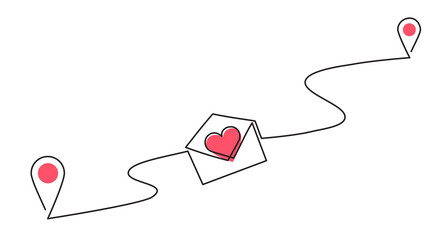 Continuous line drawing of envelope with red heart. Valentine's day letter.