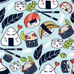 Cute kawaii Sushi, rolls, nigiri. Vector set. Japanese food with emotions, cartoon style. Fashion illustration. All elements are isolated. Colored vector seamless pattern. Blue background