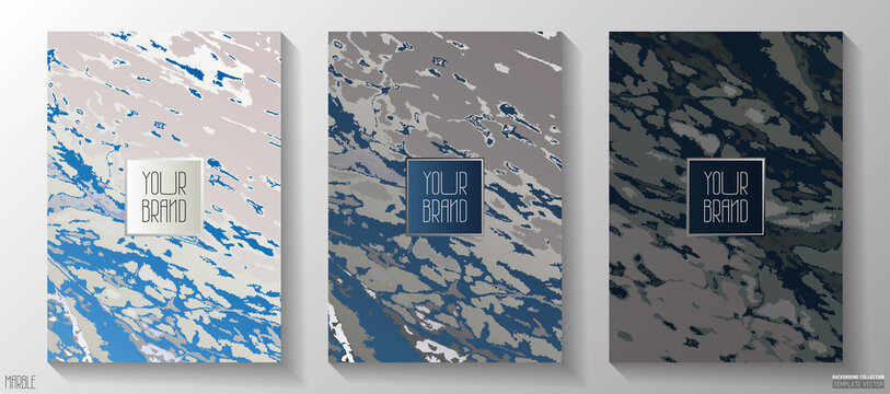 Copertina moderna, set creativo di sfondi, argento e blu, metalli preziosi a pattern marmo. Collezione lusso vettoriale per cataloghi, brochure, men&ugrave; per ristoranti, copertina social.