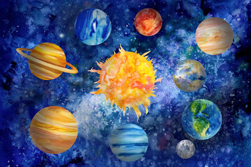 Obraz na płótnie Canvas Solar system, watercolor planets, isolated white background, hand drawing space illustration