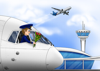 Greeting card for March 8. International Civil Aviation Day. Airport, pilot, bouquet of flowers, plane. International Women's Day.