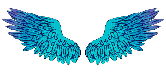 Beautiful magic bright glittery turquoise angel wings, color vector illustration