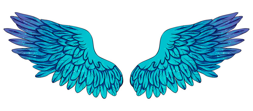 Beautiful magic bright glittery turquoise angel wings, color vector illustration