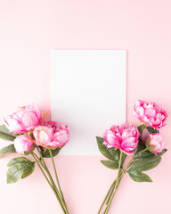 Minimal aesthetic flower layout with blank white paper on light pink pastel background. Flat lay. Copy space.