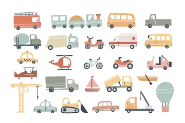 Gordijnen Set of cute vehicles for kids design. Hand drawn vector illustration © MariaNechaeva