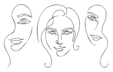 Minimal vector design, black and white line art sketch, outline woman portrait illustration set. Abstract thin contour thin face line art collection.