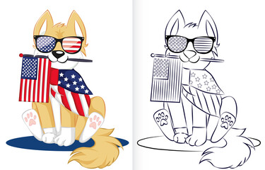 coloring book page template with USA independence day concept. Dog Looking Cute in Stars and Stripes Flag Sunglasses.