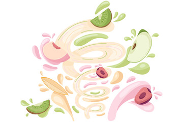 Making fruit fresh smoothie, preparation healthy organic food. Kiwi, peach, cherry, apple and mango juice in a flat cartoon style. Vector illustration. 