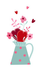 Metallic blue watering can with handles and pink polka dot decor filled with valentines and rustic flowers.