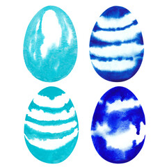 Set with hand drawn by watercolor easter eggs in blue colors. Tai dye style. Isolated on white elements for design holiday card, poster, invitation, package.