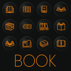 Book minimal vector line icon set on 3D button isolated on black background. Premium Vector