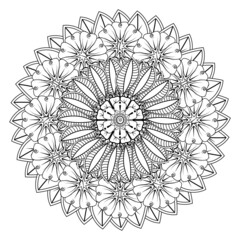 Circular pattern in form of mandala for Henna, Mehndi, tattoo, decoration. Decorative ornament in ethnic oriental style. Coloring book page.