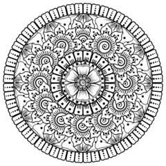 Circular pattern in form of mandala for Henna, Mehndi, tattoo, decoration. Decorative ornament in ethnic oriental style. Coloring book page.