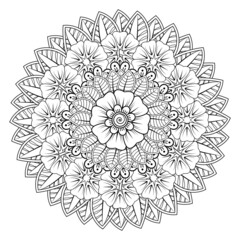 Circular pattern in form of mandala for Henna, Mehndi, tattoo, decoration. Decorative ornament in ethnic oriental style. Coloring book page.
