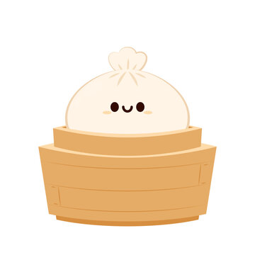 recommend clip art: Cute Dim sum character, traditional Chinese dumplings, with funny smiling faces. Kawaii Asian food vector. wood basket.