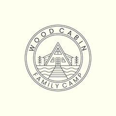 wood cabin minimalist line art emblem logo template vector design