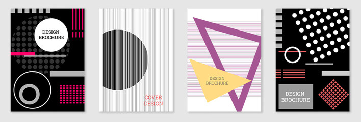 Set of cover design in Memphis style. Geometric design, abstract background. Fashionable bright cover, banner, poster, booklet. Creative colors.