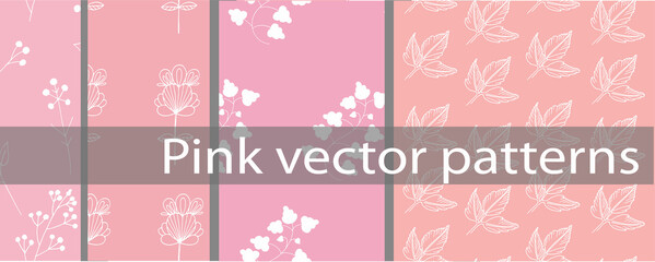 big set seamless vector pattern with boho branches and flowers, pink. minimalism,  doodle