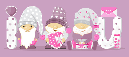 Valentine gnome concept vector. Cute cartoon elf helding in hands valentine day heart card, pink, balloon.