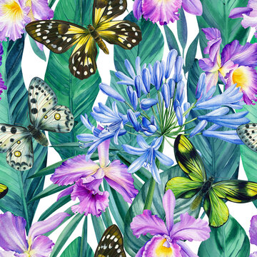Seamless pattern with tropical orchid flowers, Agapanthus, palm leaves and butterfly, watercolor painting
