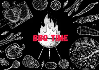 Fotobehang Bbq grill food sketch. Menu design template. Grilled meat and vegetables frame. Vector illustration. Engraved design. Hand drawn illustration. © DiViArts