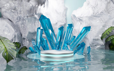 3D realistic crystal stone podium on water background. Empty pedestal for the presentation. Poster for cosmetic products. Background with crystal clear water of light blue color. 3D render