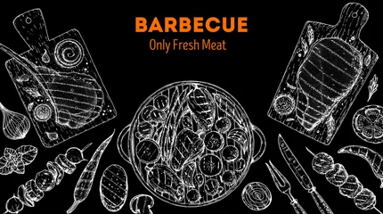 Fotobehang Steak House menu. Bbq grill food sketch. Menu design template. Grilled meat and vegetables frame. Vector illustration. Engraved design. Hand drawn illustration. © DiViArts