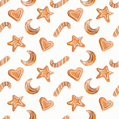 Seamless pattern of handmade gingerbread. watercolor illustration