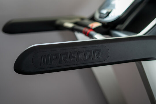 Minneapolis, Minnesota - February 4, 2022: Close Up Of A Precor Logo On A Treadmill In A Home Gym