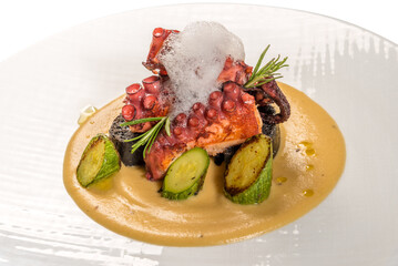 Roasted octopus with chickpea cream and rosemary foam on toasted black bread on white plate, close up
