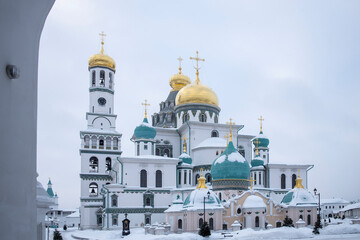 ISTRA, RUSSIA - January 16, 2022, The Resurrection Cathedral of New Jerusalem Monastery was built according to the prototype - the Church of the Holy Sepulcher in Jerusalem. Snowfall