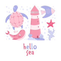 Vector hand-drawn colored childish  simple flat postcard with whales in flat style. Cute baby animals. Pattern for kids with whales. Sea. Ocean.