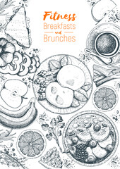 Fitness breakfasts and brunches top view frame. Healthy food menu design. Vintage hand drawn sketch vector illustration. Engraved style image. Fruits and vegetables for breakfast.
