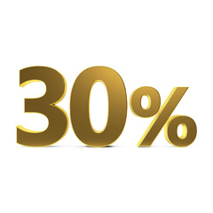 Golden 30 percent symbol. Golden thirty percent on a white background. 3D percentage sign. Discount symbol. 3D render illustration.