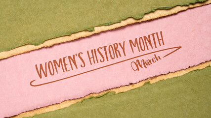 March Women History Month, handwriting on a handmade paper, contributions of women to events in...