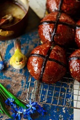 chocolate orange hot cross buns.traditional easter pastries.