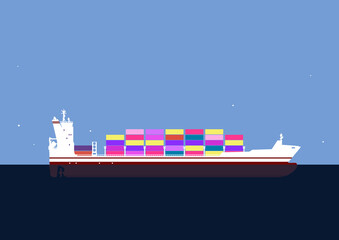 Side view of modern loaded container ship. Vector.