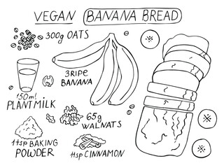 Sketch banana bread recipe. Banana bread recipe. Hand drawn vector ingredients. All elements are isolated