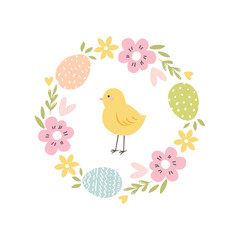 Happy easter card in pastel spring colors. Easter chick. Happy Easter wreath card. - 484958986