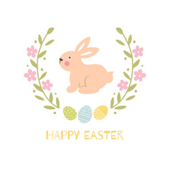 Happy Easter. Greeting card in pastel spring colors. Easter Bunny.