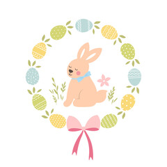 Happy Easter card in pastel spring colors. Cute  easter Bunny. - 484958990