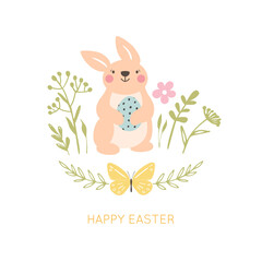 Happy Easter. Greeting card in pastel spring colors. Cute easter Bunny. - 484958991