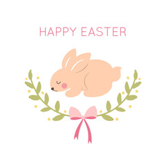 Happy Easter. Greeting card in pastel spring colors. Cute easter Bunny. - 484958992