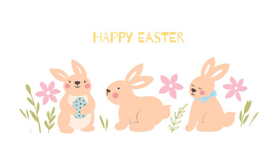 Happy Easter. Greeting card in pastel spring colors. Cute easter Bunny.