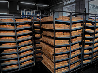 Shelves with fresh bread. Finished bread products to be shipped to stores. Loaves of bread on industrial shelves