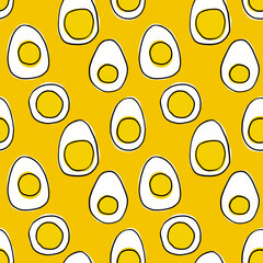 Hard boiled eggs seamless pattern, Food yellow background, Breakfast wallpaper, Textile pattern, Wrapping paper print, Stationary ornament, egg with yellow yolk, 