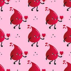 Cute red blood drop character with red heart in hand vector seamless pattern background. Blood donation concept.
