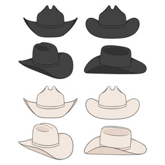 Set of color illustrations with cowboy hat. Isolated vector objects on a white background.